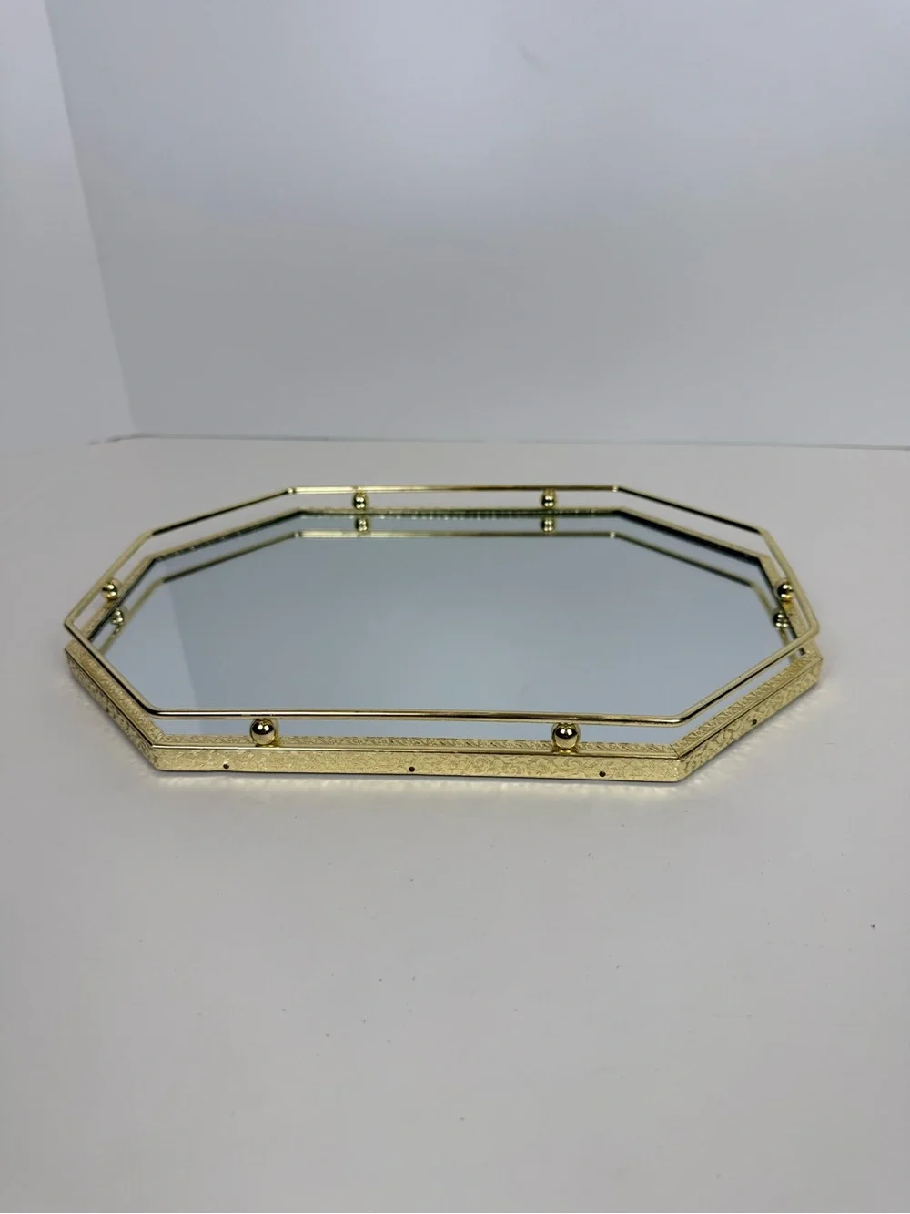 Lady Fair Mirrored Vanity Tray - Brass Finish with Velour Bottom 13” x 9”